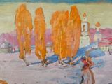 a painting of a person walking in the snow