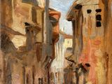 an oil painting of a street scene with buildings and a person holding an umbrella