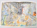 a drawing of a person in a room with a cat