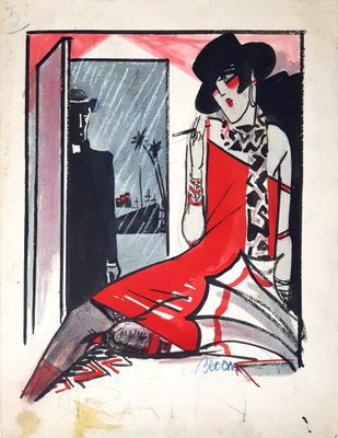 painting of a woman in a red dress and hat sitting on a chair