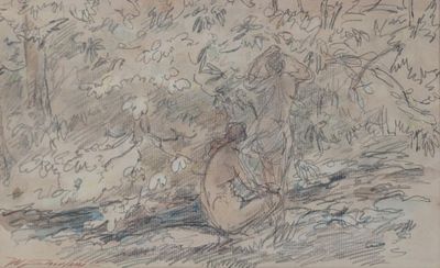 dessin représentant un homme assis par terre, avec une guitare devant lui