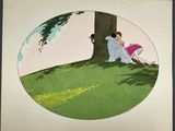 a drawing of a woman and a child sitting under a tree