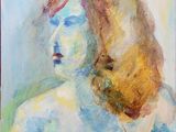 an oil painting of a woman with long hair and blue eyes