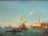 tableau représentant une vue d'un port avec des bateaux et des bâtiments en arrière-plan