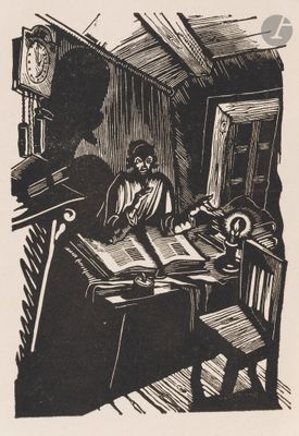 drawing of a man sitting at a desk with a book and a clock