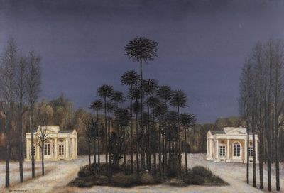 un tableau représentant une maison au milieu d'un champ enneigé