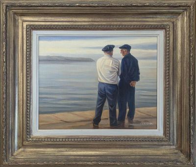 tableau représentant deux hommes debout l'un à côté de l'autre au bord de l'eau