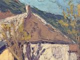 an oil painting of a house in a field with a mountain in the background