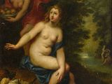 a painting of a naked woman sitting on a rock next to a bird