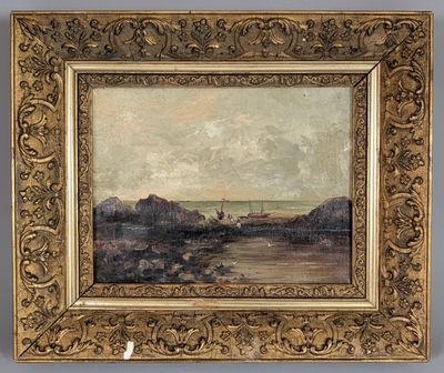 une peinture d'un paysage avec une rivière au premier plan
