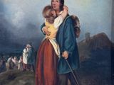 an oil painting of a man and a woman holding a child