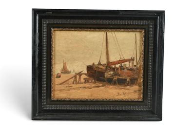 tableau à l'huile encadré représentant un bateau sur la plage, près d'un quai