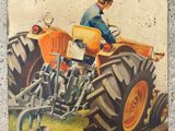 a painting of a man on a tractor with a plow