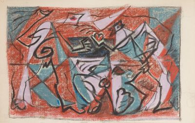 an image of a drawing of a group of people on a red and blue background