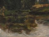 a painting of a man fishing in a river