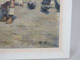a painting of a boy playing with pigeons on the beach