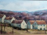 a painting of a painting of a village on a hill