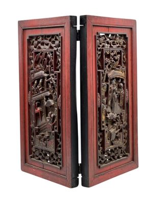 CHINE Petit PARAVENT-BRISE-VUE en bois sculpté, doré et rech…
