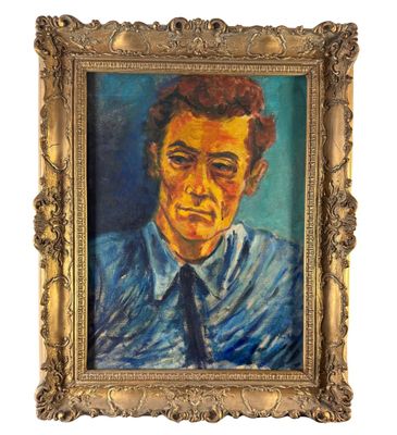tableau représentant un homme en chemise bleue et cravate, dans un cadre doré