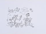 dessin humoristique représentant un homme et une femme jouant au baseball dans un champ