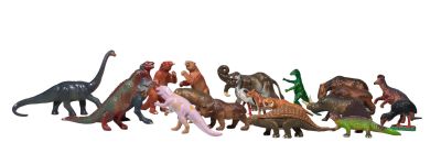 a lot of toy dinosaurs that are lined up together