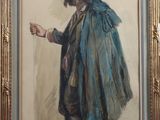 tableau représentant un homme vêtu d'un manteau bleu et d'un chapeau, qui montre quelque chose du doigt