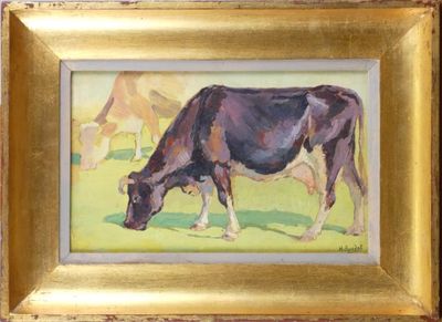 un tableau représentant une vache en train de brouter dans un champ