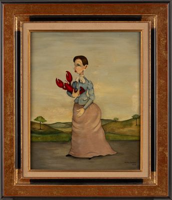 un tableau représentant une femme tenant un homard dans la main