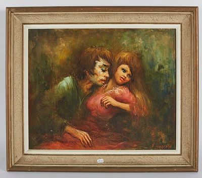 une peinture à l'huile représentant un couple s'étreignant dans une pièce