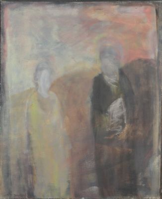 une peinture à l'huile représentant deux personnes debout l'une à côté de l'autre