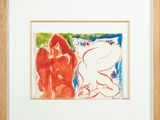 painting of a woman and a cat in a wood frame