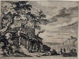 an old drawing of a stone building with a group of people in front of it