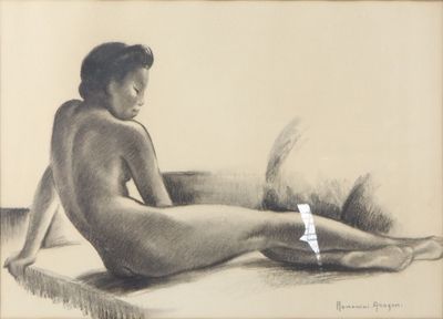 dessin représentant une femme nue assise sur un lit, avec un bandage autour de la jambe