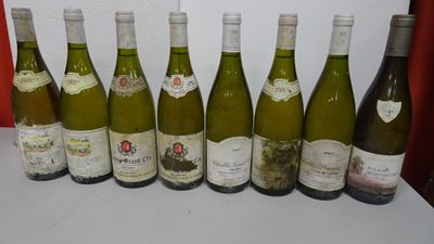 six bottles of white wine are lined up on a table