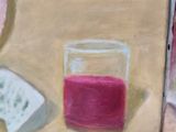 a painting of a donut and a glass of red liquid