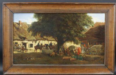 peinture à l'huile d'une scène de village avec une voiture à cheval