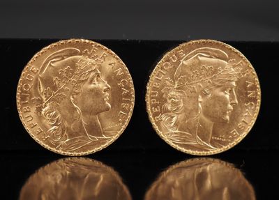 Deux pièces de 20 Francs or, 1909.