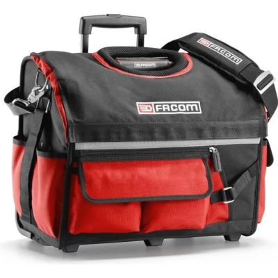 a close up of a red and black tool bag on wheels