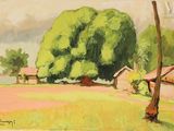 une peinture à l'huile représentant un arbre dans un champ, près d'une maison
