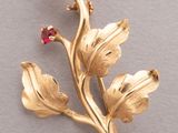 an image of a gold flower brooch with a red stone