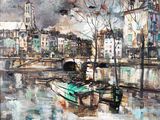 a painting of a boat on the water in a city