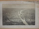 an old black and white photo of a city with a river running through it
