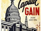an image of a sign advertising capital gain in front of a capitol building