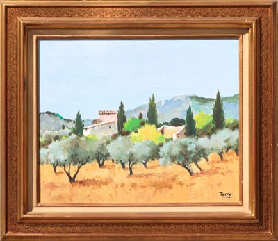 an oil painting of a landscape with olive trees and a house