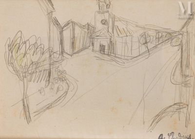 drawing of a street scene with a church and trees in the foreground