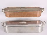 pair of vintage copper plated casserole pans with handles