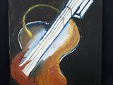 une peinture à l'huile représentant une guitare sur fond noir