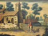 tableau représentant une scène de village avec un homme à cheval et un autre sur une charrette