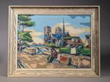 tableau représentant un homme assis sur un banc devant un château