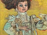 an oil painting of a little girl in a blue dress and a pink hat
